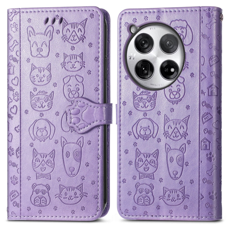 For OnePlus 12 Cat and Dog Embossed Leather Phone Case(Purple) - OnePlus Cases by buy2fix | Online Shopping UK | buy2fix