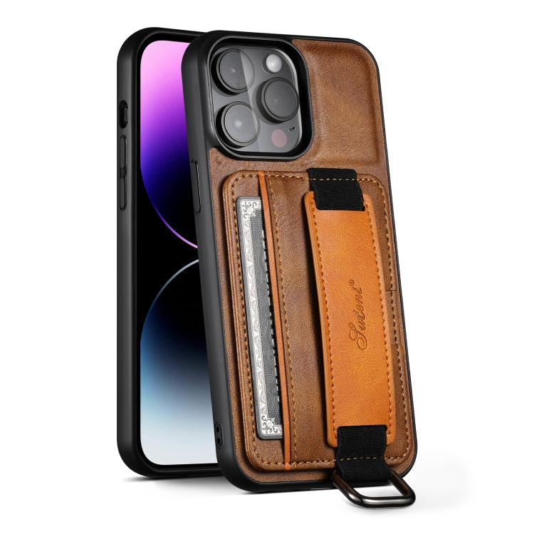 For iPhone 16 Pro Suteni H13 Card Wallet Wrist Strap Holder PU Phone Case(Brown) - iPhone 16 Pro Cases by Suteni | Online Shopping UK | buy2fix