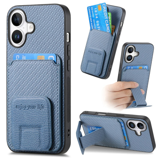 For iPhone 16 Carbon Fiber Card Bag Fold Stand Phone Case(Blue) - iPhone 16 Cases by buy2fix | Online Shopping UK | buy2fix