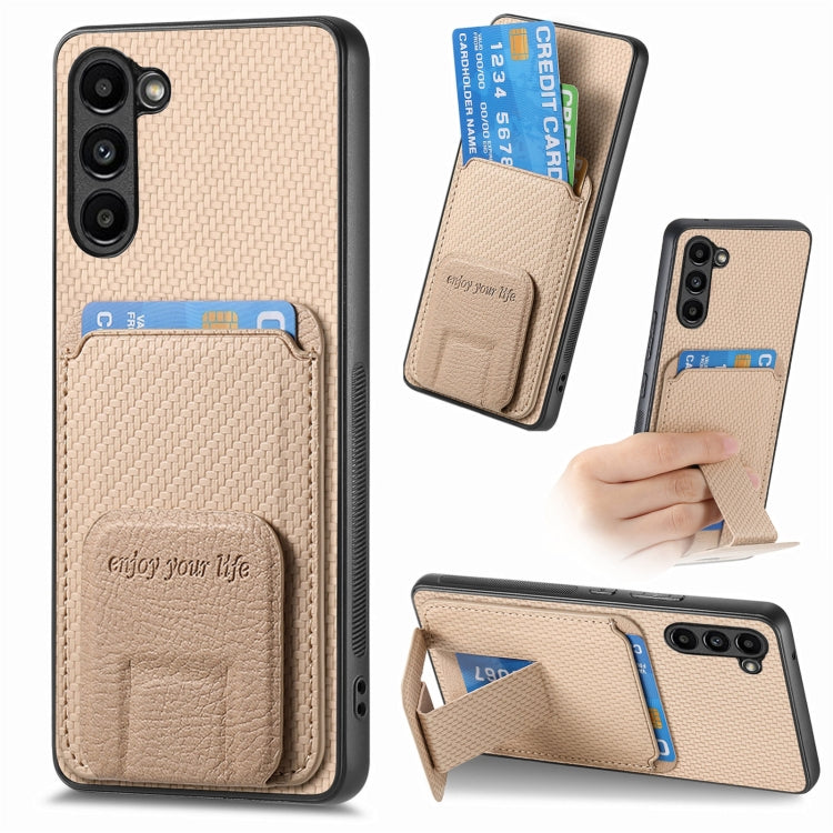 For Samsung Galaxy S24+ 5G Carbon Fiber Card Bag Fold Stand Phone Case(Khaki) - Galaxy S24+ 5G Cases by buy2fix | Online Shopping UK | buy2fix