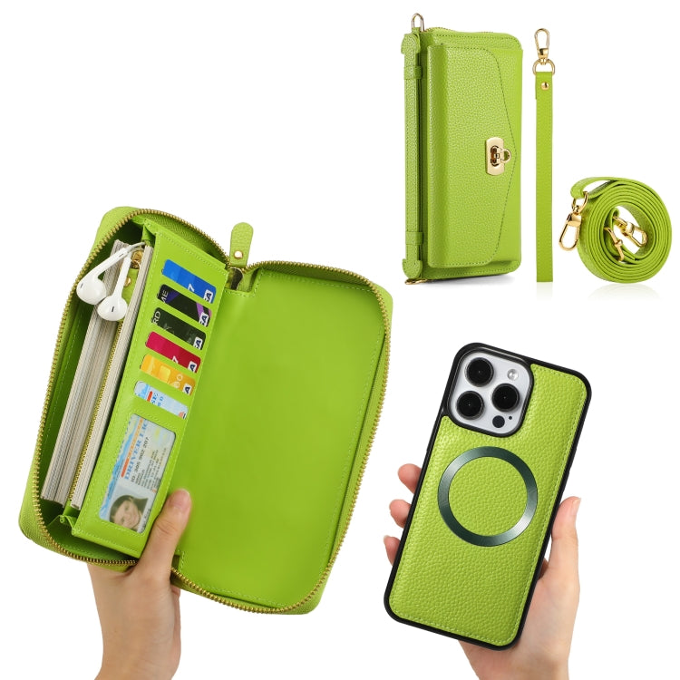 For iPhone 15 Plus MagSafe Crossbody Multi-functional Zipper Wallet Litchi Leather Phone Case(Green) - iPhone 15 Plus Cases by buy2fix | Online Shopping UK | buy2fix