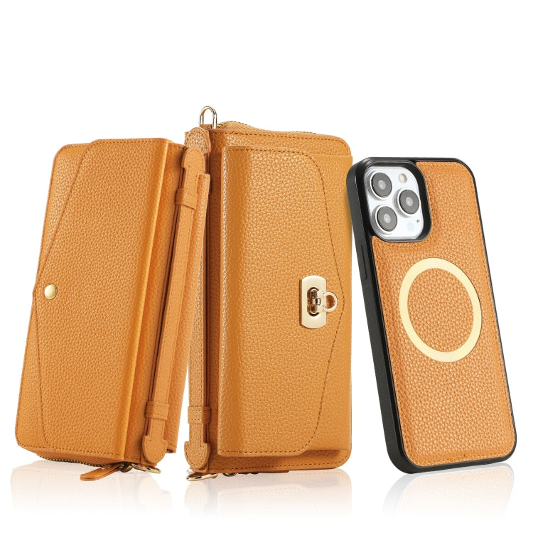 For iPhone 13 MagSafe Crossbody Multi-functional Zipper Wallet Litchi Leather Phone Case(Orange) - iPhone 13 Cases by buy2fix | Online Shopping UK | buy2fix