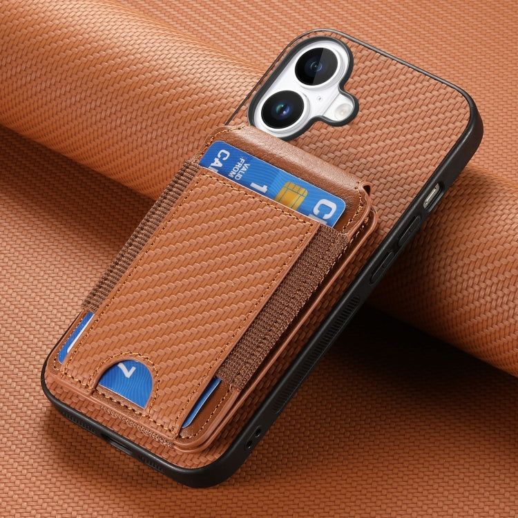 For iPhone 16 Plus Carbon Fiber Vertical Flip Wallet Stand Phone Case(Brown) - iPhone 16 Plus Cases by buy2fix | Online Shopping UK | buy2fix