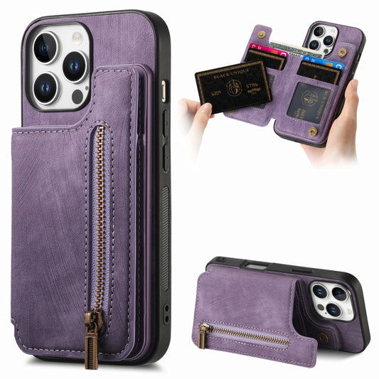 For iPhone 16 Pro Retro Leather Zipper Wallet Back Phone Case(Purple) - More iPhone Cases by buy2fix | Online Shopping UK | buy2fix