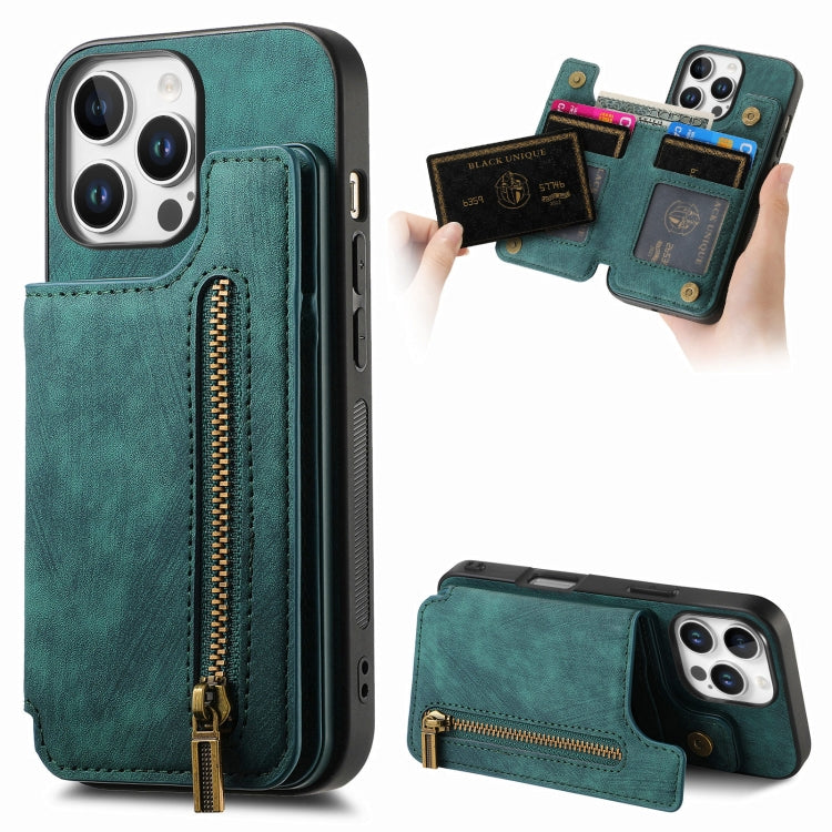 For iPhone 16 Pro Retro Leather Zipper Wallet Back Phone Case(Green) - More iPhone Cases by buy2fix | Online Shopping UK | buy2fix