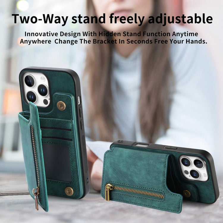 For iPhone 16 Pro Max Retro Leather Zipper Wallet Back Phone Case(Green) - More iPhone Cases by buy2fix | Online Shopping UK | buy2fix