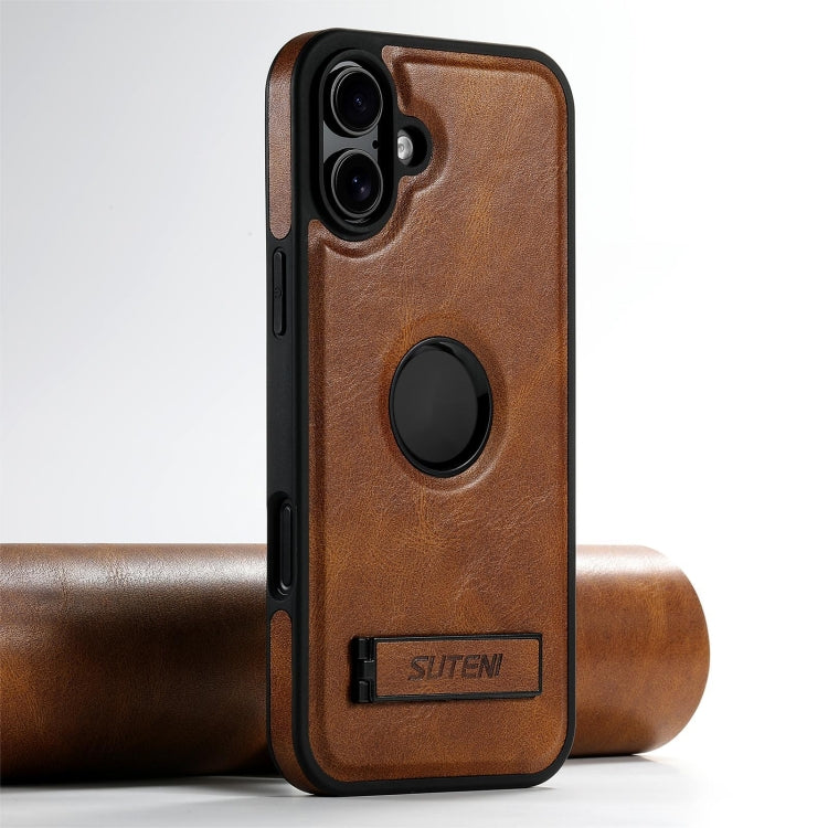 For iPhone 16 Plus Suteni G2 Magsafe Oil Wax Leather Back Phone Case with Holder(Brown) - iPhone 16 Plus Cases by Suteni | Online Shopping UK | buy2fix