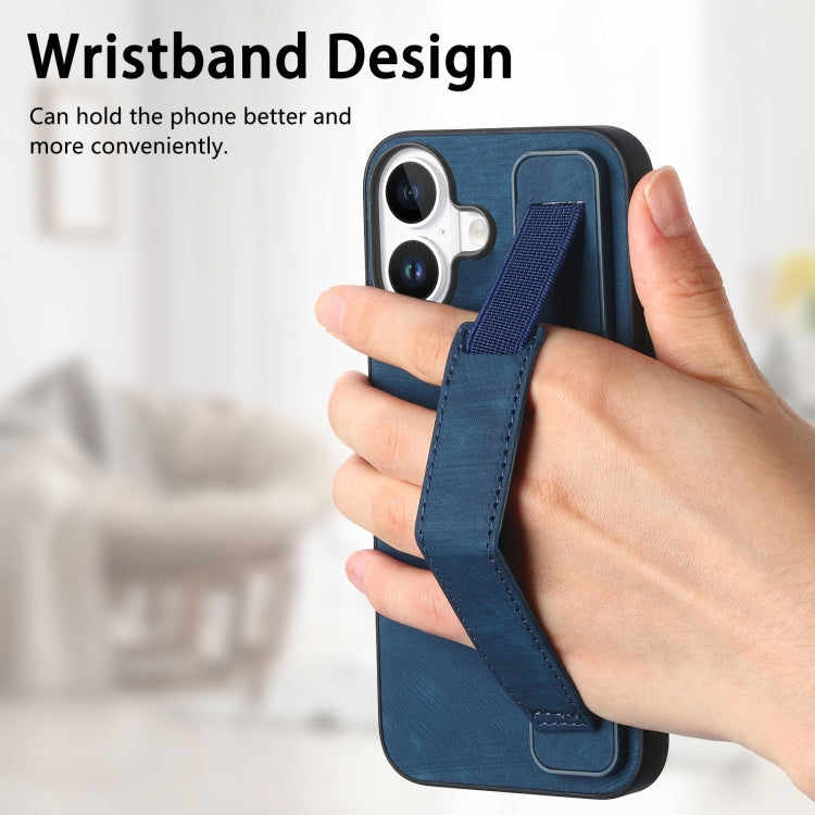 For iPhone 16 Retro Wristband Holder Leather Back Phone Case(Blue) - iPhone 16 Cases by buy2fix | Online Shopping UK | buy2fix