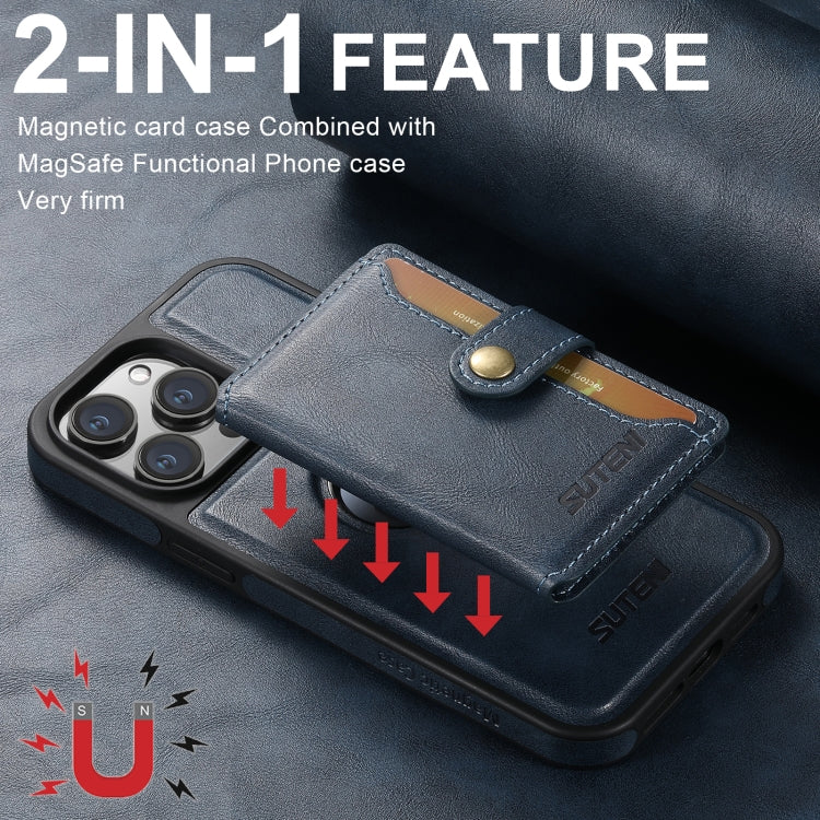 For iPhone 16 Plus Suteni M1 Oil Wax MagSafe Detachable Horizontal Card Bag Phone Case(Blue) - iPhone 16 Plus Cases by Suteni | Online Shopping UK | buy2fix