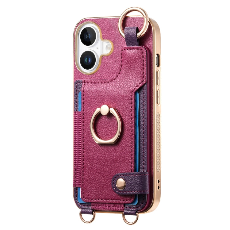 For iPhone 16 Fashion Ring Card Bag Phone Case with Hang Loop(Purple) - iPhone 16 Cases by buy2fix | Online Shopping UK | buy2fix