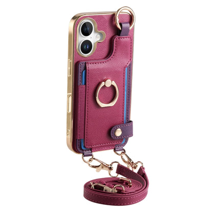 For iPhone 16 Plus Fashion Ring Card Bag Phone Case with Hang Loop(Purple) - iPhone 16 Plus Cases by buy2fix | Online Shopping UK | buy2fix