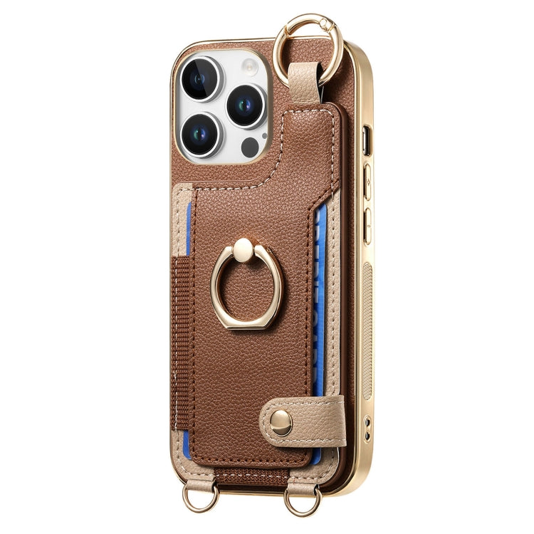 For iPhone 16 Pro Max Fashion Ring Card Bag Phone Case with Hang Loop(Brown) - iPhone 16 Pro Max Cases by buy2fix | Online Shopping UK | buy2fix