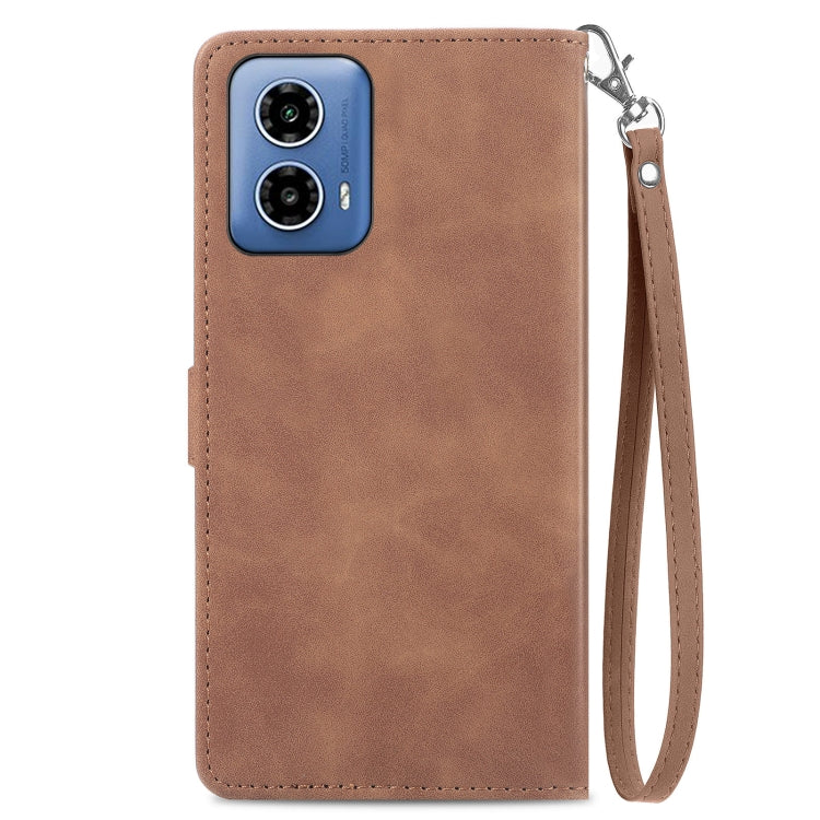 For Motorola Moto G Play 2024 Embossed Flower Zipper Leather Phone Case(Brown) - Motorola Cases by buy2fix | Online Shopping UK | buy2fix