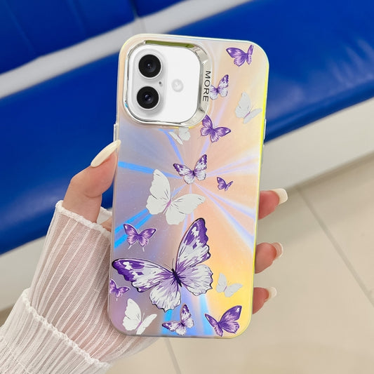 For iPhone 16 Plus Electroplating Laser Butterfly Phone Case(White Purple Butterflies AB6) - iPhone 16 Plus Cases by buy2fix | Online Shopping UK | buy2fix