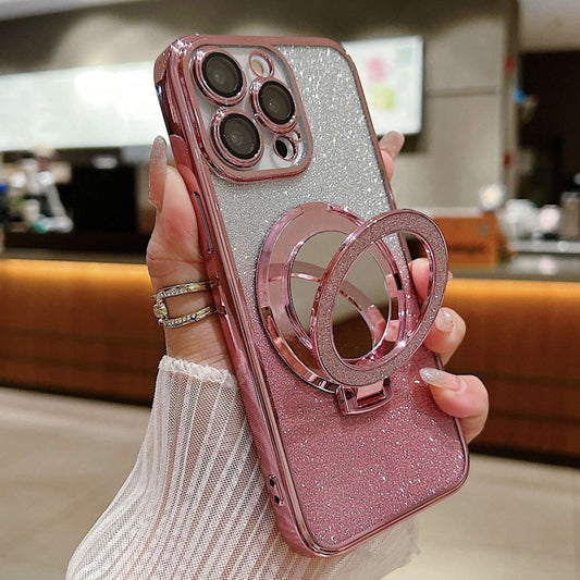 For iPhone 13 Pro Plated Mirror Holder Gradient Glitter Magsafe Phone Case(Pink) - iPhone 13 Pro Cases by buy2fix | Online Shopping UK | buy2fix