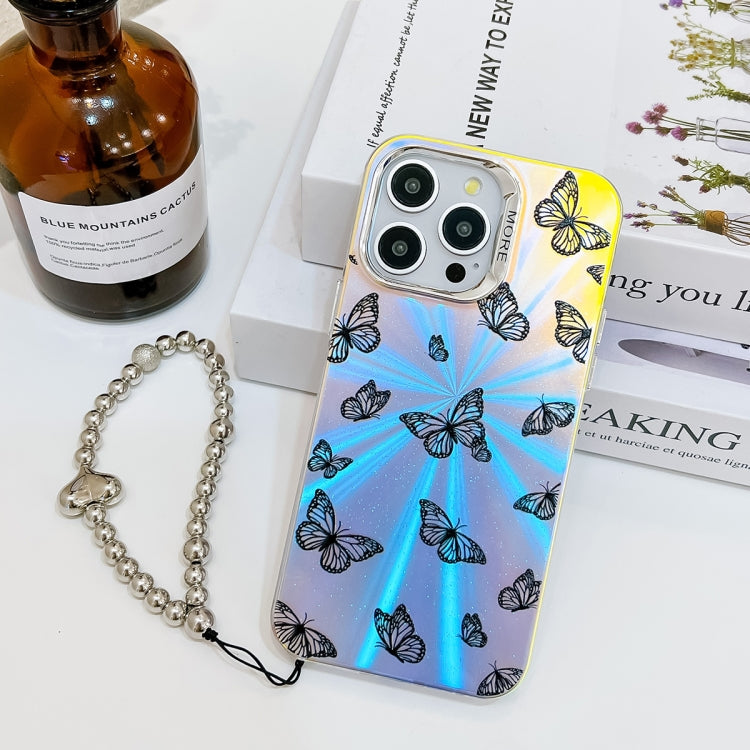 For iPhone 16 Pro Max Electroplating Laser Butterfly Phone Case with Wrist Strap(Black Butterflies AB5) - iPhone 16 Pro Max Cases by buy2fix | Online Shopping UK | buy2fix