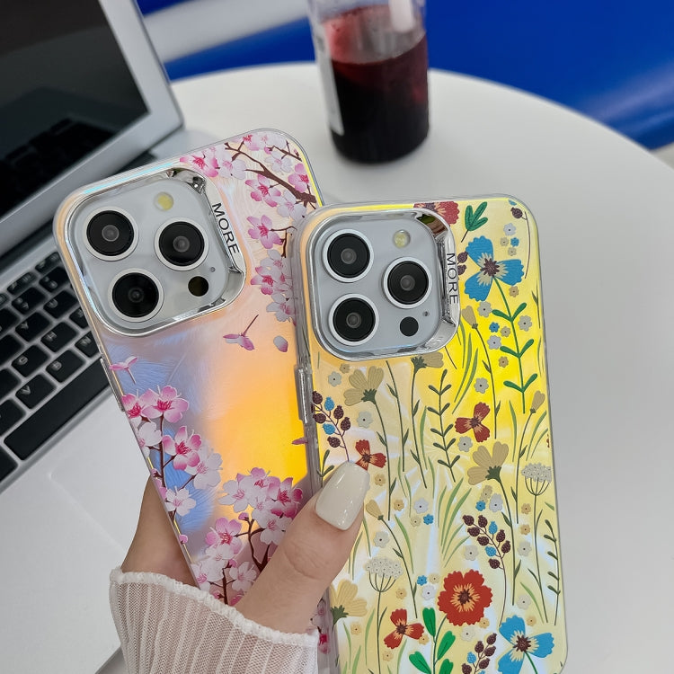 For iPhone 16 Pro Max Electroplating Laser Flower Texture TPU Phone Case(Leaves AH12) - iPhone 16 Pro Max Cases by buy2fix | Online Shopping UK | buy2fix