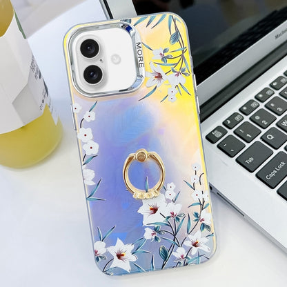 For iPhone 16 Plus Electroplating Laser Flower Ring Holder TPU Phone Case(Morning Glory AH16) - iPhone 16 Plus Cases by buy2fix | Online Shopping UK | buy2fix