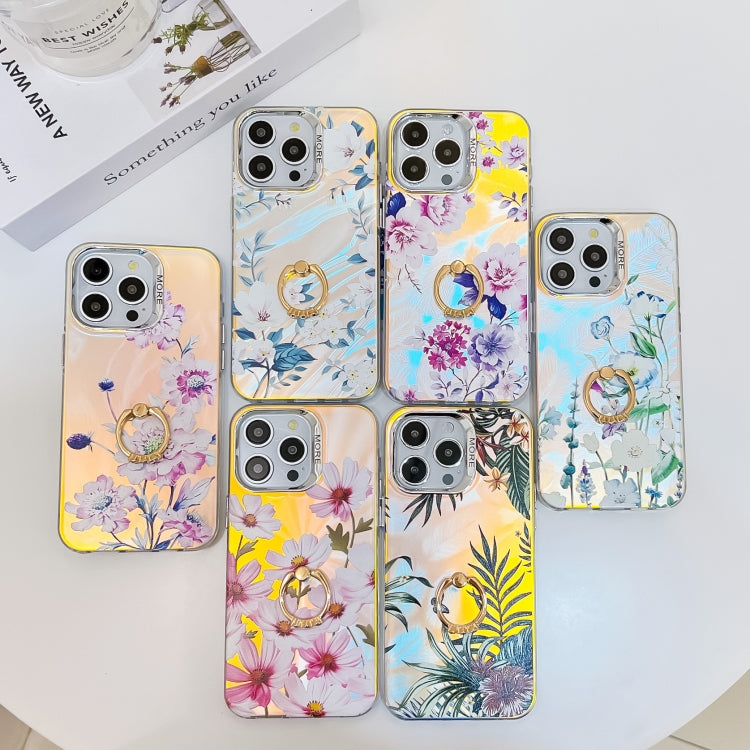 For iPhone 16 Plus Electroplating Laser Flower Ring Holder TPU Phone Case(Drawn Flowers AH3) - iPhone 16 Plus Cases by buy2fix | Online Shopping UK | buy2fix