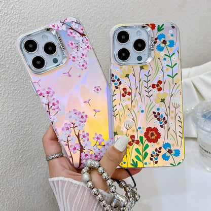 For iPhone 16 Pro Max Electroplating Laser Flower Phone Case with Wrist Strap(Blue Flower AH8) - iPhone 16 Pro Max Cases by buy2fix | Online Shopping UK | buy2fix