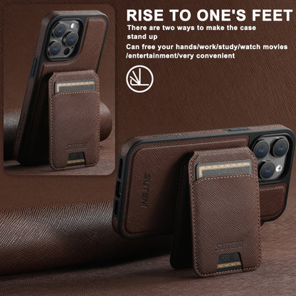 For iPhone 15 Suteni M2 Cross-Grain MagSafe Vertical Card Back Phone Case(Brown) - iPhone 15 Cases by Suteni | Online Shopping UK | buy2fix