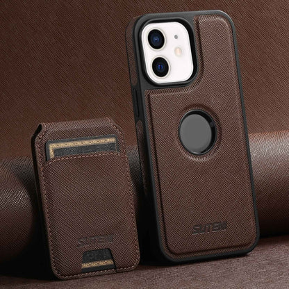 For iPhone 12 Suteni M2 Cross-Grain MagSafe Vertical Card Back Phone Case(Brown) - iPhone 12 / 12 Pro Cases by Suteni | Online Shopping UK | buy2fix