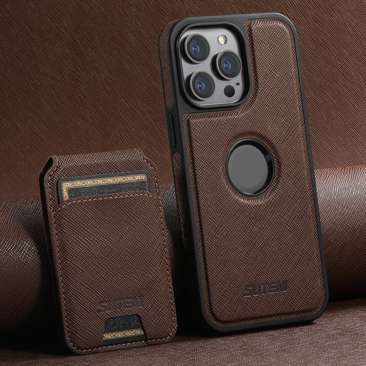 For iPhone 16 Pro Suteni M2 Cross-Grain MagSafe Vertical Card Back Phone Case(Brown) - iPhone 16 Pro Cases by Suteni | Online Shopping UK | buy2fix