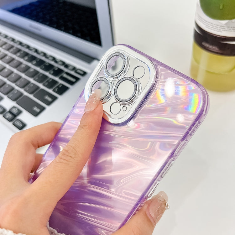 For iPhone 16 Plus Plating Glitter Texture TPU Phone Case with Lens Film(Purple Feathers) - iPhone 16 Plus Cases by buy2fix | Online Shopping UK | buy2fix