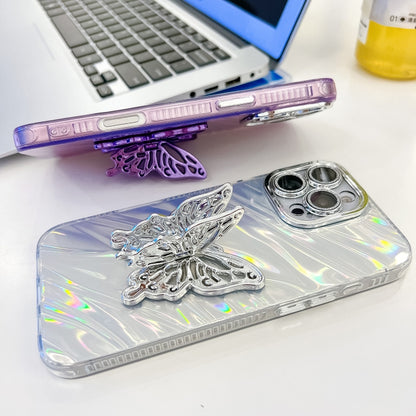 For iPhone 16 Plating Glitter Texture Butterfly Holder TPU Phone Case with Lens Film(Purple Feathers) - iPhone 16 Cases by buy2fix | Online Shopping UK | buy2fix