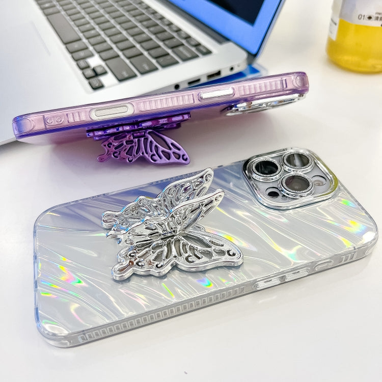 For iPhone 16 Pro Plating Glitter Texture Butterfly Holder TPU Phone Case with Lens Film(Purple Tinfoil Texture) - iPhone 16 Pro Cases by buy2fix | Online Shopping UK | buy2fix