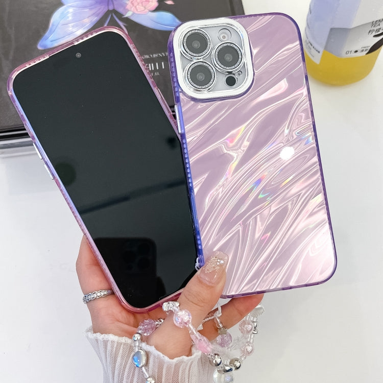 For iPhone 16 Plus Plating Glitter Texture Chain Wristband TPU Phone Case with Lens Film(Purple Feather Yarn) - iPhone 16 Plus Cases by buy2fix | Online Shopping UK | buy2fix