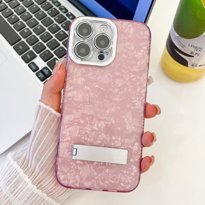 For iPhone 16 Pro Max Plating Glitter Texture Fold Holder TPU Phone Case with Lens Film(Pink Shell Pattern) - iPhone 16 Pro Max Cases by buy2fix | Online Shopping UK | buy2fix