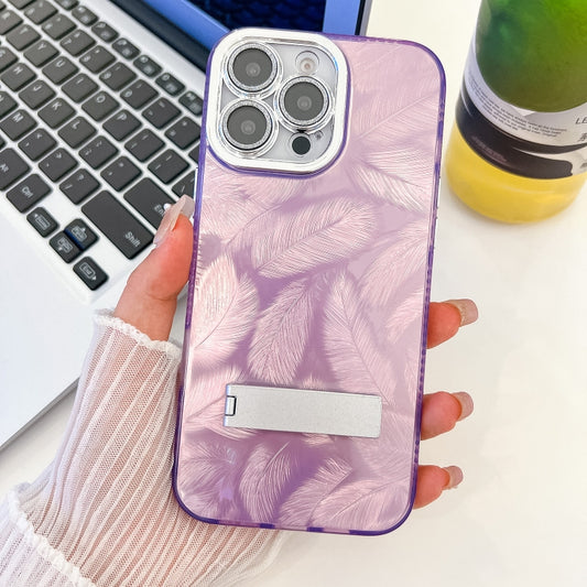 For iPhone 16 Pro Max Plating Glitter Texture Fold Holder TPU Phone Case with Lens Film(Purple Feathers) - iPhone 16 Pro Max Cases by buy2fix | Online Shopping UK | buy2fix