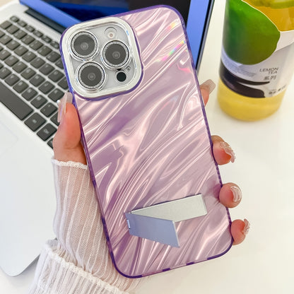 For iPhone 16 Pro Max Plating Glitter Texture Fold Holder TPU Phone Case with Lens Film(White Water Ripples) - iPhone 16 Pro Max Cases by buy2fix | Online Shopping UK | buy2fix