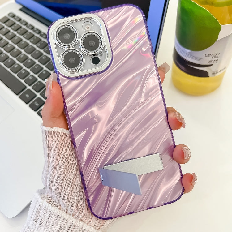 For iPhone 16 Plating Glitter Texture Fold Holder TPU Phone Case with Lens Film(Pink Water Ripples) - iPhone 16 Cases by buy2fix | Online Shopping UK | buy2fix