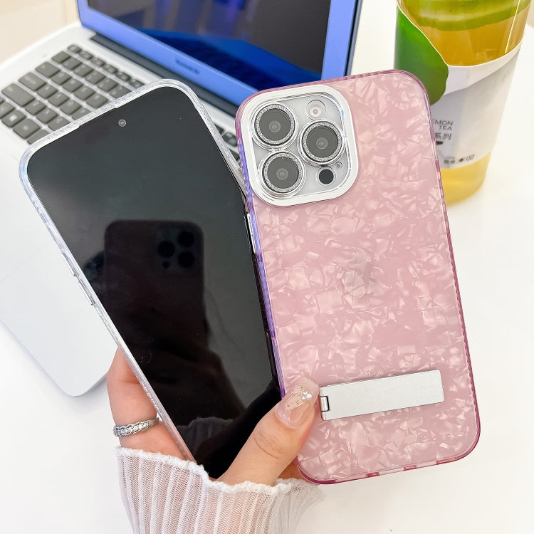 For iPhone 16 Pro Plating Glitter Texture Fold Holder TPU Phone Case with Lens Film(White Feathers) - iPhone 16 Pro Cases by buy2fix | Online Shopping UK | buy2fix