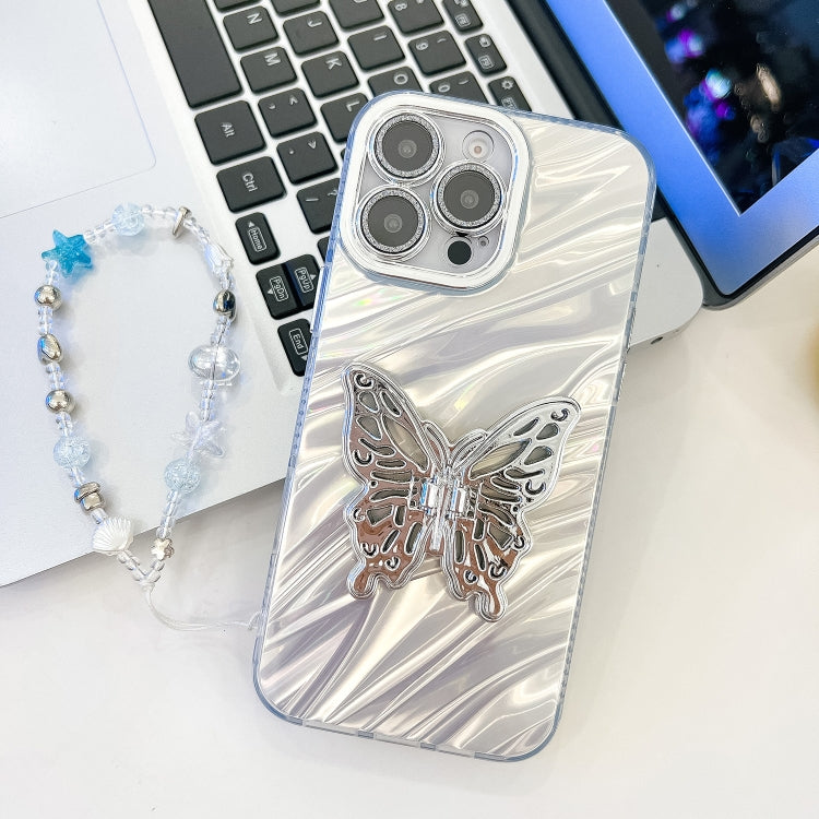 For iPhone 16 Pro Max Plating Glitter Lens Film Texture Butterfly Holder Wristband Phone Case(White Water Ripples) - iPhone 16 Pro Max Cases by buy2fix | Online Shopping UK | buy2fix