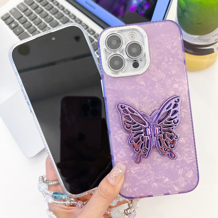 For iPhone 16 Pro Max Plating Glitter Lens Film Texture Butterfly Holder Wristband Phone Case(Pink Feather Yarn) - iPhone 16 Pro Max Cases by buy2fix | Online Shopping UK | buy2fix