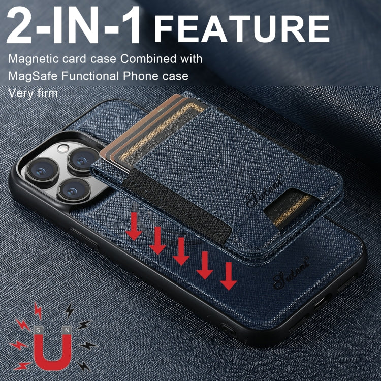 For iPhone 15 Suteni H17 Cross Grain Leather MagSafe Detachable Wallet Phone Case(Blue) - iPhone 15 Cases by Suteni | Online Shopping UK | buy2fix