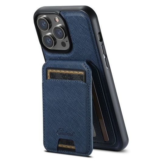 For iPhone 15 Pro Suteni H18 Cross Grain MagSafe Wallet Leather Phone Case(Blue) - iPhone 15 Pro Cases by Suteni | Online Shopping UK | buy2fix