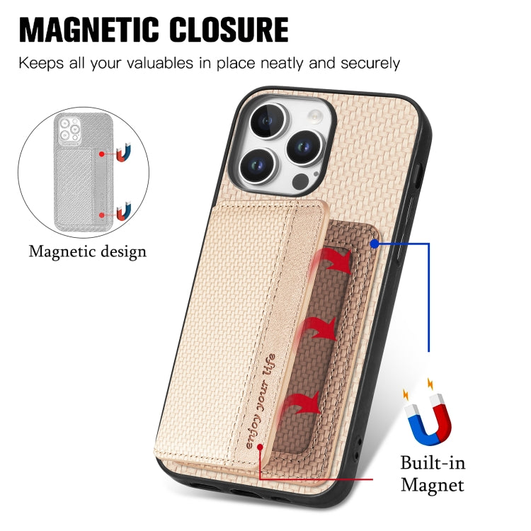 For iPhone 16 Pro Max Carbon Fiber Magnetic Card Wallet RFID Blocking Phone Case(Khaki) - iPhone 16 Pro Max Cases by buy2fix | Online Shopping UK | buy2fix