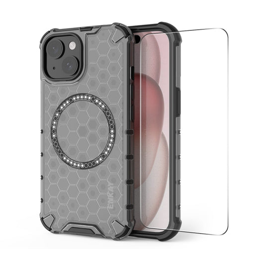 For iPhone 15 ENKAY Hat-Prince Honeycomb MagSafe Shockproof Phone Case with Large Arc Edge Film(Grey) - iPhone 15 Cases by ENKAY | Online Shopping UK | buy2fix