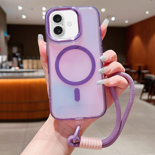 For iPhone 16 Plus Bright Shadow  Magsafe Discoloration Phone Case with Wrist Strap(Purple) - iPhone 16 Plus Cases by buy2fix | Online Shopping UK | buy2fix