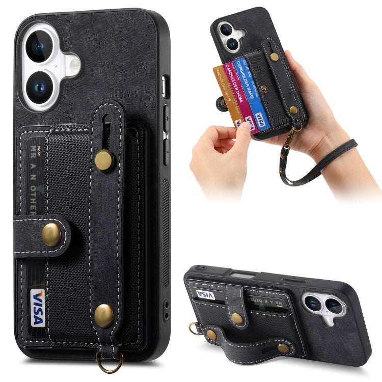 For iPhone 16 Retro Cross Wristband Wallet Leather Back Phone Case(Black) - iPhone 16 Cases by buy2fix | Online Shopping UK | buy2fix