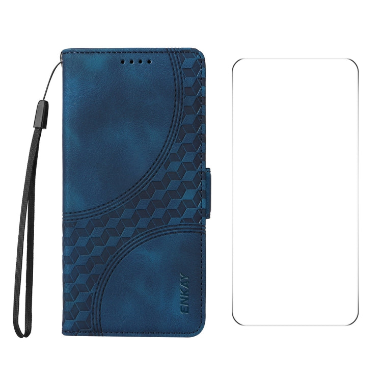 For OPPO Reno12 F 4G Global ENKAY Embossed Rhombus Starry Leather Phone Case with Screen Film(Blue) - Reno12 F Cases by ENKAY | Online Shopping UK | buy2fix