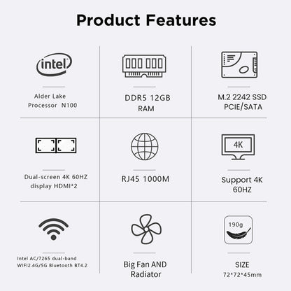 N100/DDR5 12th AlderLake-N100 Dual 4K60Hz Office And Home Mini PC, Spec: 12G+0 /EU Plug - Windows Mini PCs by buy2fix | Online Shopping UK | buy2fix