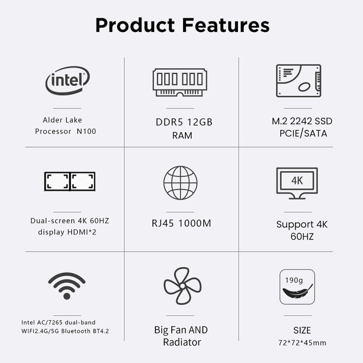 N100/DDR5 12th AlderLake-N100 Dual 4K60Hz Office And Home Mini PC, Spec: 12G+1TB /US Plug - Windows Mini PCs by buy2fix | Online Shopping UK | buy2fix