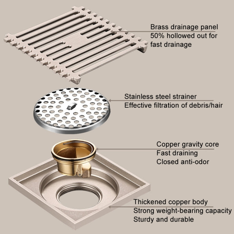 All Copper Brushed Anti-Odor Floor Drain Gravity Copper Core Bathroom Floor Drain, Specification: Square Fine Sculpture Single Use - Drain Strainers by buy2fix | Online Shopping UK | buy2fix