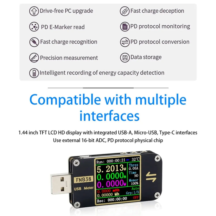 FNIRSI FNB38 USB Voltage And Current Meter Capacity Fast Charging Protocol Tester(Black) - Current & Voltage Tester by FNIRSI | Online Shopping UK | buy2fix