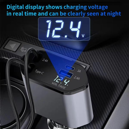 4-In-1 120W Multifunctional USB Retractable Dual-Line Digital Display Car Fast Charger(8 Pin + Type-C) - Car Charger by buy2fix | Online Shopping UK | buy2fix